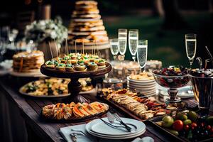 generativ ai illustration av tjänande tabell av en mängd av utsökt festlig mat och vin beredd för händelse fest eller bröllop. selektiv fokus foto