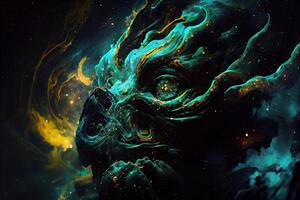 generativ ai illustration av de himmelsk fä tillverkad av en magisk malakit nebulosa, lurar i de mörk, abstrakt hyper realism, overkligt flytande olja och befläckade bläck foto