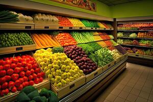 generativ ai illustration av färsk och färgrik, frukt och vegetabiliska sektion av de mataffär foto