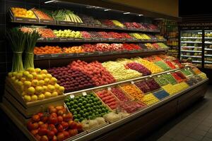generativ ai illustration av färsk och färgrik, frukt och vegetabiliska sektion av de mataffär foto