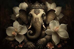 generativ ai illustration av ganesha hindu Gud , med blommor, olja målning tagen upp in i himmel, Sammanträde i främre av bokeh mandala bakgrund foto