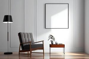 generativ ai illustration av fåtölj, kaffe tabell, trä panel, golv lampa, och tom vägg i modern minimalistisk rum. falsk upp för ett illustration. foto
