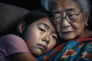 generativ ai illustration av asiatisk bra mormor tröstande tonåring flicka, soffa, om i knä foto
