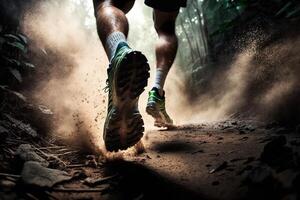 generativ ai illustration av närbild på de löpare fötter är löpning på de smuts rutt på de djungel, gata och väg. spår löpning sport verkan och mänsklig utmaning begrepp foto