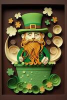 generativ ai illustration av nyckfull irländsk tecknad serie, sharock, öl, grön, pott av guld, Lycklig st patrick dag, quilling papper skära konst foto