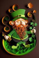 generativ ai illustration av nyckfull irländsk tecknad serie, sharock, öl, grön, pott av guld, Lycklig st patrick dag, quilling papper skära konst foto