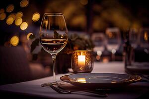 generativ ai illustration av en restaurang tabell med en glas av vit vin, mjuk gyllene ljus, dyr restaurang med skön lampor, utomhus- och natt foto
