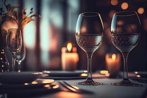 generativ ai illustration av en restaurang tabell med en glas av vit vin, mjuk gyllene ljus, dyr restaurang med skön lampor i de bakgrund foto