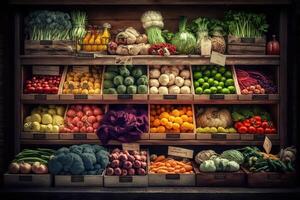 generativ ai illustration av vegetabiliska jordbrukare marknadsföra disken färgrik olika färsk organisk friska grönsaker på matvaror Lagra. friska naturlig mat begrepp foto