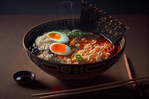 generativ ai illustration av de mest utsökt japansk Ramen, soja sås Ramen i fläsk ben buljong foto