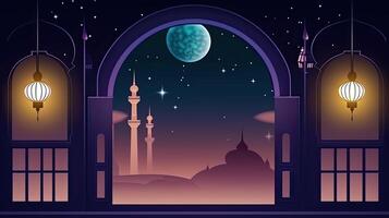 natt islamic bakgrund med lykta, måne, och moskén. ai genererad foto