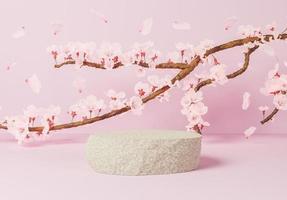 rock för produktpresentation med gren full av körsbärsblommor, 3d illustration foto