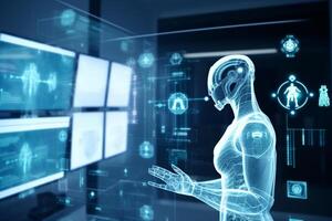 Avancerad robot teknologi och medicinsk gränssnitt ikoner är visas på en virtuell skärm, med en läkare använder sig av en stetoskop i de bakgrund. detta representerar framtida av sjukvård ai generativ foto
