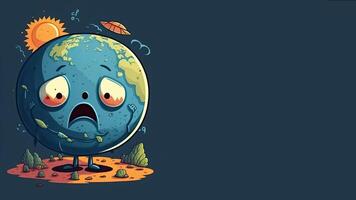 de begrepp av värld miljö dag. generativ ai. tecknad serie illustration av en ledsen klot. värld jord dag. klimat förändra, global uppvärmning. foto