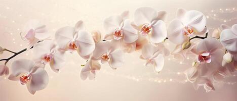 elegant orkide ram, delikat orkidéer graciöst smyckande två hörn av ett tömma vit papper för text, uppsättning mot en pastell rosa bakgrund ai genererad foto