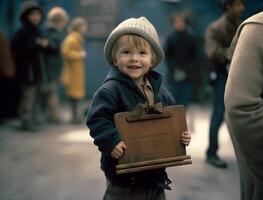 illustration av en liten blond euro pojke med en Lycklig uttryck och innehav en styrelse ,generativ ai foto