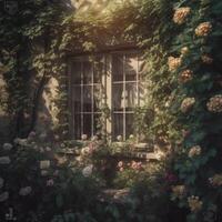 årgång fönster med öppen trä- jalusier och färsk blommor. .skapat med generativ ai foto