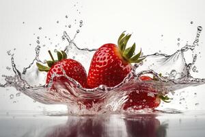 jordgubbar och vatten stänk. generativ ai. foto