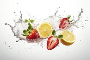 flygande skivor av citron- jordgubbar och vatten stänk. generativ ai. foto