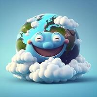 3d rolig tecknad serie planet jord omgiven förbi moln, generativ ai foto