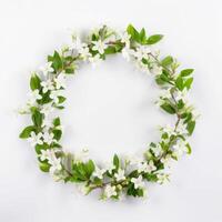 en cirkel formad gräns av en små vit blommor generativ ai foto