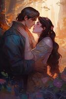 fantasi illustration en ung man kissing en ung kvinna romantisk scen generativ ai foto