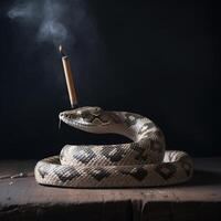 en orm smockar en cigarett bild på svart bakgrund generativ ai foto