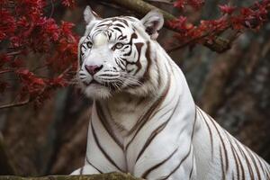 Fantastisk vit tiger Sammanträde på de trädets gren generativ ai foto