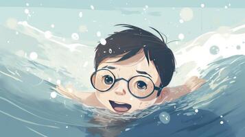 en ung pojke bär glasögon och simning i de hav tecknad serie bild generativ ai foto
