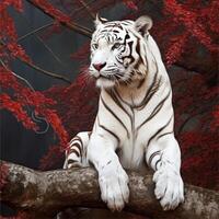 Fantastisk vit tiger Sammanträde på de skön röd blommor träd generativ ai foto