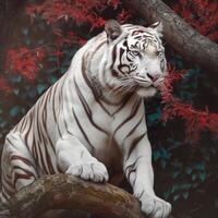 Fantastisk vit tiger på de röd blommor träd generativ ai foto