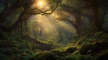 Fantastisk landskap av de skog och solsken genom de träd generativ ai foto