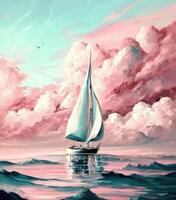 vattenfärg pastell teckning av segelbåt i de hav. generativ ai foto