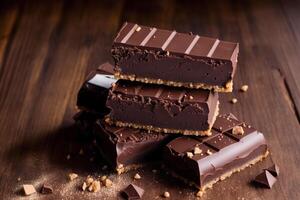 choklad barer och choklad bitar på en trä- bakgrund, ljuv mat. choklad kaka, tiramisu kaka. generativ ai foto