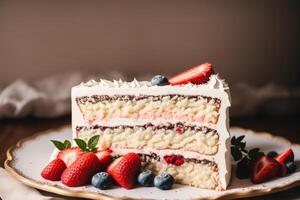 bit av kaka med jordgubbar och blåbär på en trä- bakgrund. choklad kaka, tiramisu kaka. generativ ai foto