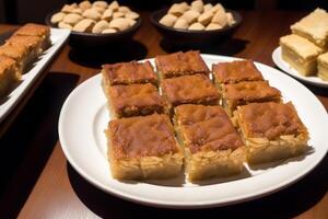 traditionell turkiska efterrätt baklava med kasju, valnötter. hemlagad baklava med nötter och honung. generativ ai foto
