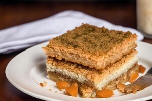 traditionell turkiska efterrätt baklava med kasju, valnötter. hemlagad baklava med nötter och honung. generativ ai foto