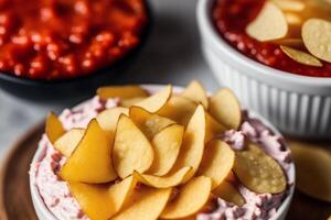 potatis pommes frites i en skål på en trä- bakgrund. generativ ai foto