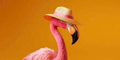 sommar festlig med flamingo på gul bakgrund, tropisk sommar tid. generativ ai foto