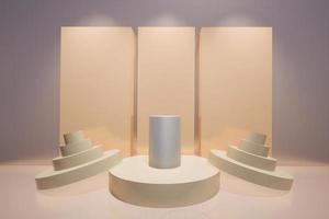abstrakt 3d Produkter visa podium monter för scen med geometrisk form. 3d tolkning med guld skede till visa kosmetisk Produkter. belysning i lyx rosa studio. foto