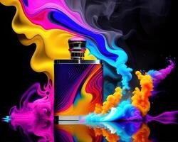 en flaska fylld med flytande och färgad rök förbi ai genererad foto