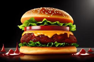 hamburgare med stänk ketchup isolerat bakgrund förbi ai genererad foto