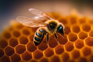 bi är samlar honung i en bikupa med ai genererad. foto