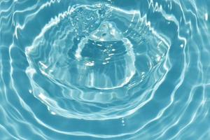 defokusering suddig transparent blå färgad klar lugna vatten yta textur med stänk och bubblor. trendig abstrakt natur bakgrund. vatten vågor i solljus med kopia Plats. blå vatten glans foto