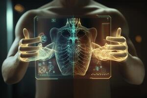 man, de patient är innehav en holografiska röntgen av hans kropp. generativ ai foto