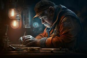 ett äldre man, en man i arbete kläder, Arbetar i en mörk verkstad. generativ ai foto