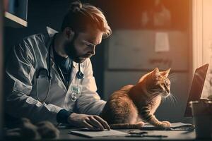 manlig veterinär undersöker en sjuk djur, en katt. generativ ai foto