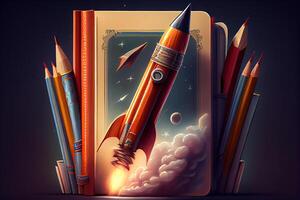 tillbaka till skola - böcker och pennor med raket skiss. generativ ai foto