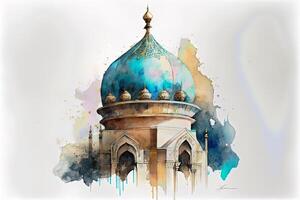 eid mubarak bakgrund, moské i de månsken på natt 3d illustration, arabicum lyktor, ai generativ. foto