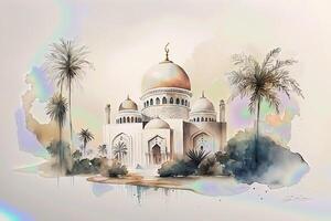 eid mubarak bakgrund, moské i de månsken på natt 3d illustration, arabicum lyktor, ai generativ. foto